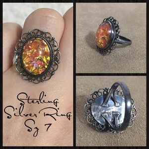 Vintage Mexican Foil Opal Sterling Silver Cabochon Scrollwork Ring Sz 7 Art Deco